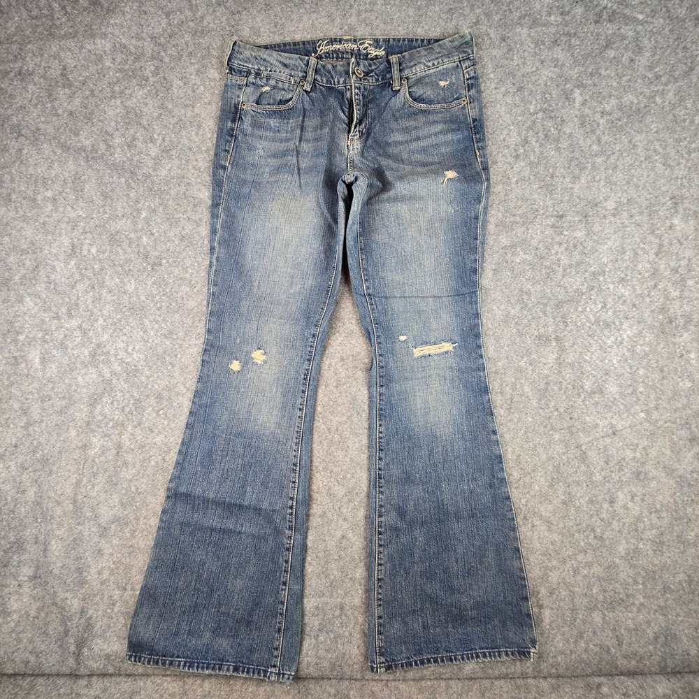 American Eagle Real Flare Jeans Women 10 Long Blue Low Rise Distressed Denim